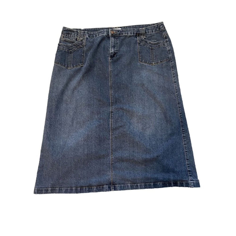 Y2K Plus Size Denim Midi Jean Skirt Size 20 Pockets Back Slit Soft Cotton EUC